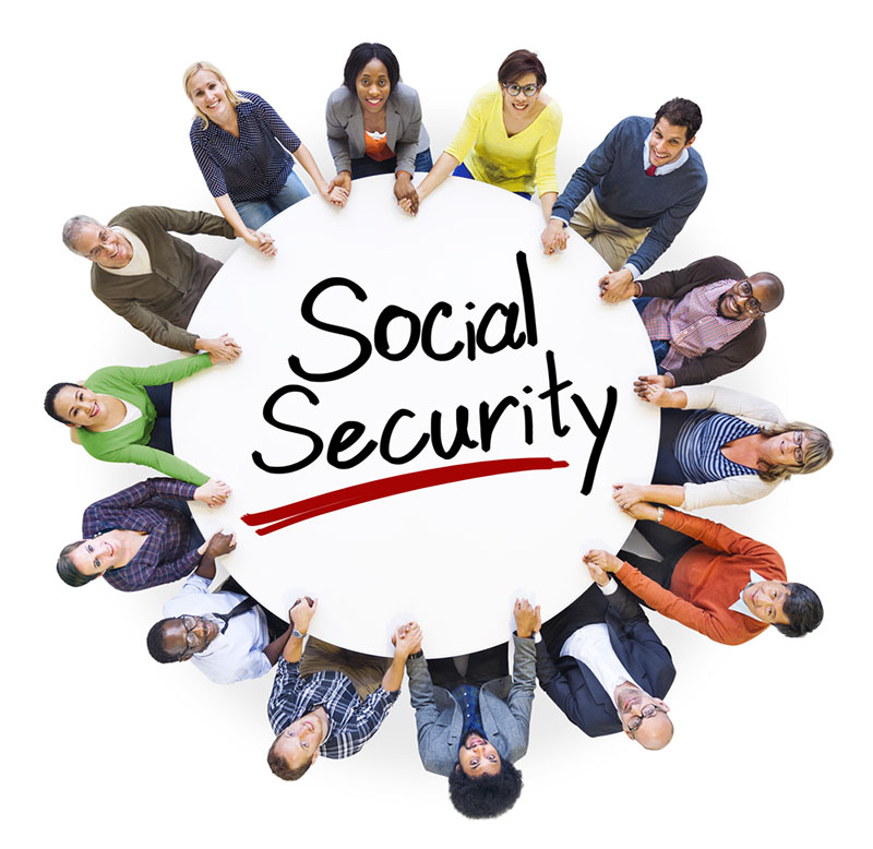 A sign that says 'Social Security' with people sitting in a circle around it.
